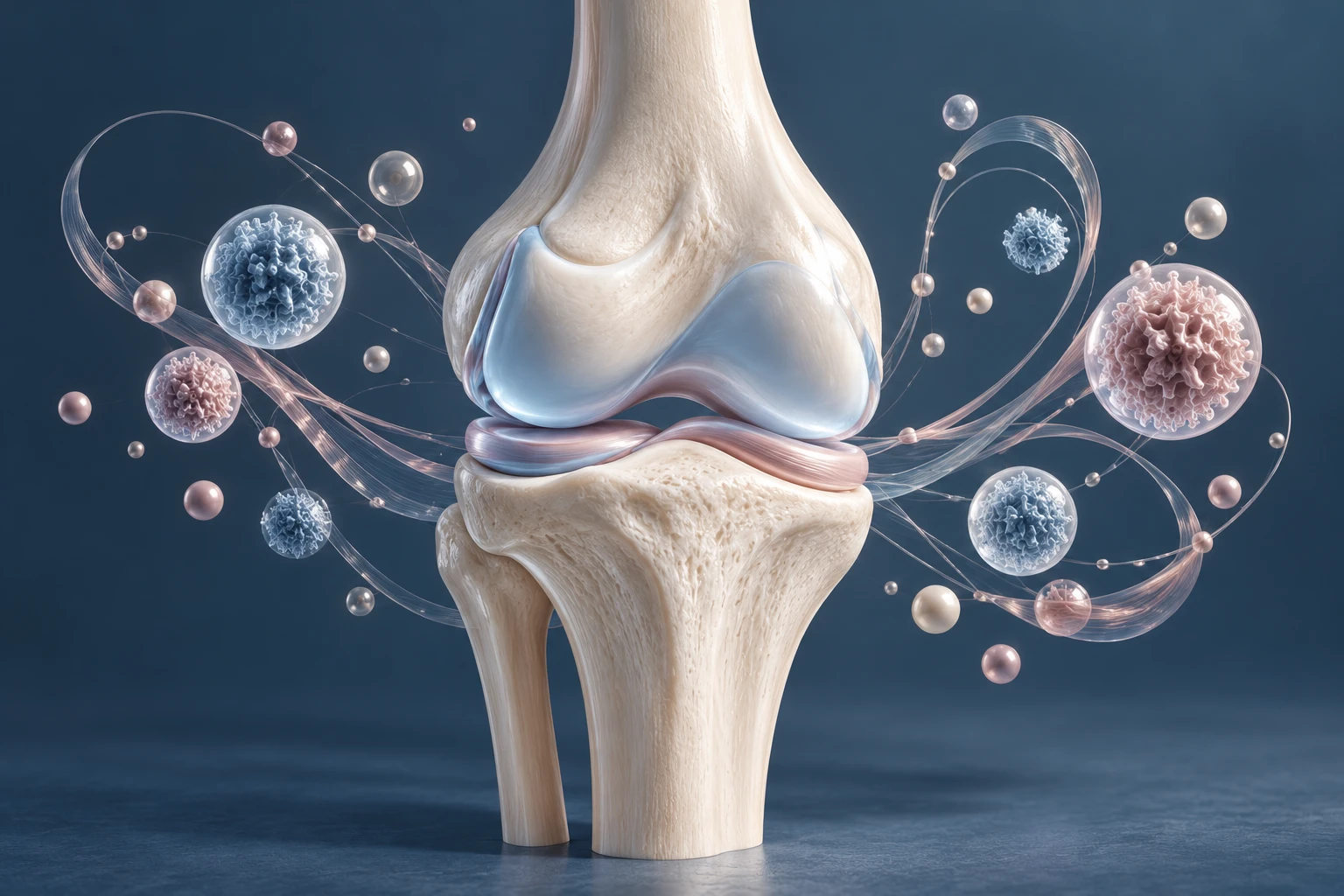 Ilustração conceitual de uma articulação em 3D, com formas que remetem à biologia celular